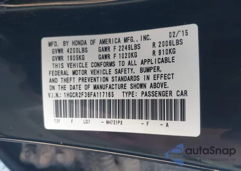 2015 Honda Accord Lx z USA, uszkodzony, nr VIN 1HGCR2F36FA117165